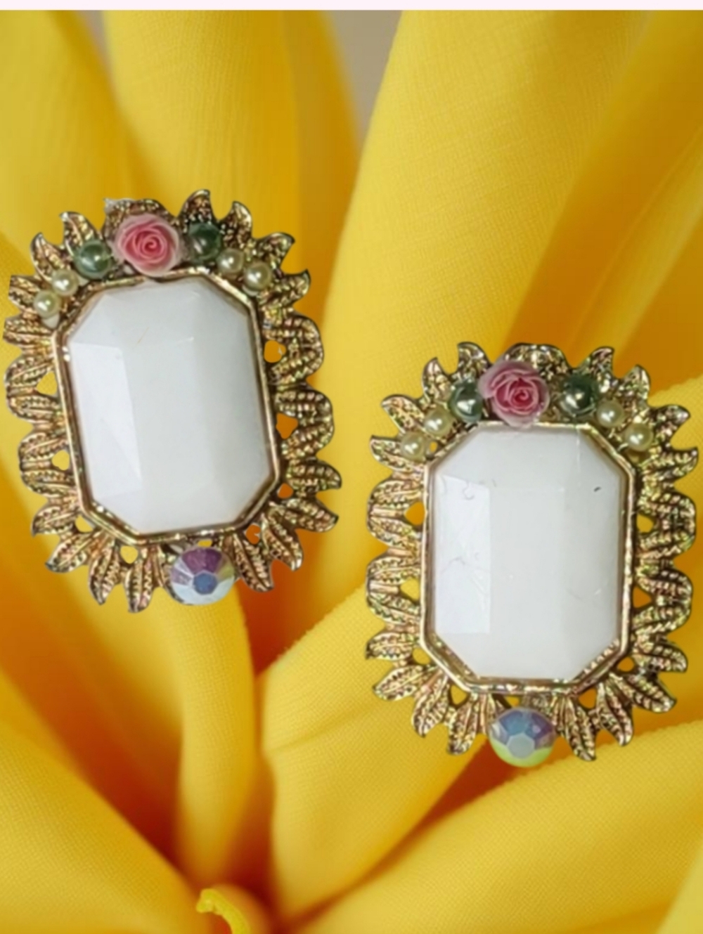 Vintage Gold & White Enhanced Pierced Earrings